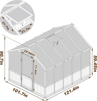 MUPATER 8 x 10FT Wooden Greenhouse with 6mm Polycarbonate Panels for UV Protection and Heat Insulation, Adjustable Ventilated Window & Lockable Door, Walk-in Greenhouse for Outdoors, Patio, Backyard
