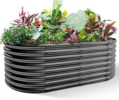 Land Guard Galvanized Raised Garden Bed, 8x4x2ft Planter Boxes Outdoor, Oval Larger Metal Planter Boxes for Vegetables, Fruits, Flowers (Grey)