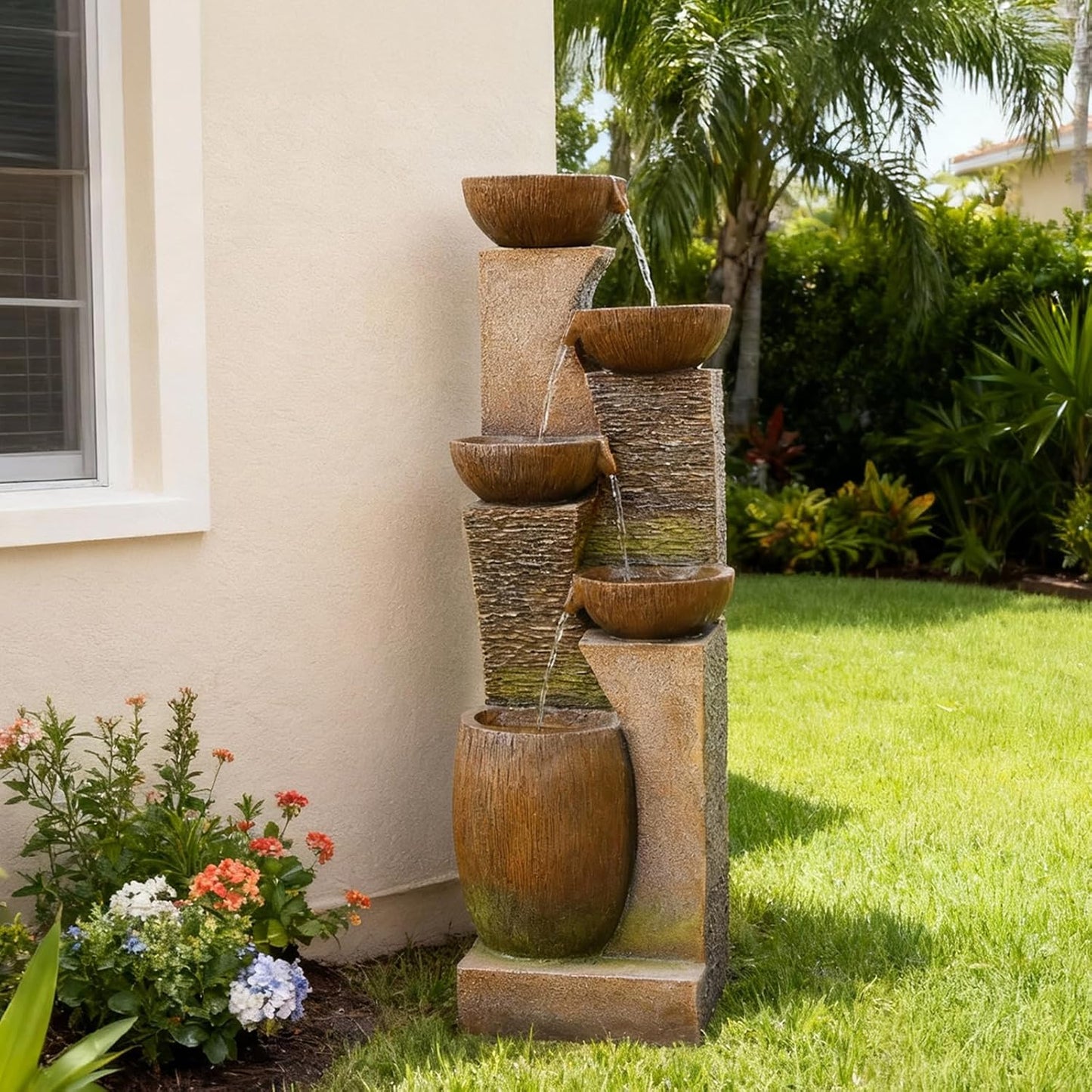 51.4" H Large Water Fountain Outdoor&Indoor, 5-Tiers Cascading Modern Feature Crocks Garden Fountains and Waterfalls with Warm Lights for Porch, Deck, Patio, Home Décor (Brown)