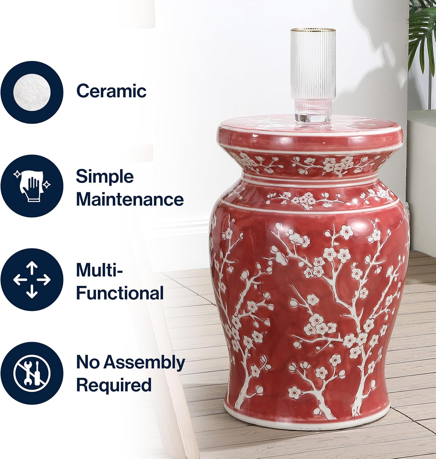 JONATHAN Y TBL1017B Cherry Blossom 17.75" Ceramic Indoor/Outdoor Garden Stool Coastal, Contemporary, Transitional, Patio, Garden Room, Bathroom, Living Room, Red/White