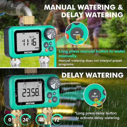 RESTMO Sprinkler Timer with Brass Inlet & Outlet, 3 Separate Programs Water Timer for Garden Hose, Manual/Rain Delay/Automatic Watering for Drip Irrigation and Lawn, 2 Outlet
