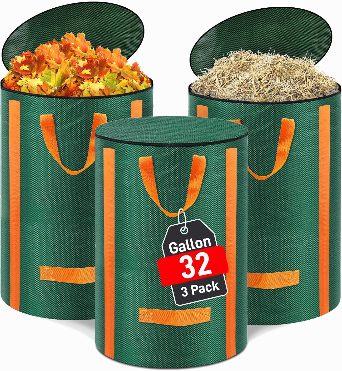 Reusable Yard Waste Bags 3 Packs 32 Gallon Standable Garden Bags for Leaves with Reinforced Carry Handles Heavy Duty Collapsible Yard Waste Containers for Leaves, Lawn Debris & Grass Clippings