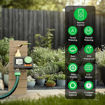 RESTMO RF Remote Controlled Sprinkler Timer with Brass Inlet & Outlet, Programmable Water Timer for Garden Hose, Automatic | Manual | Rain Delay for Outdoor Faucet, Drip Irrigation and Lawn Watering
