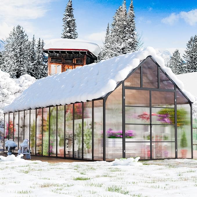 CDCASA 10x28 FT Greenhouse for Outdoors,Large Easy Assembly Thicker Aluminum Polycarbonate Greenhouses w/6 Windows, Double Door, Walk-in Green House for Outside,Patio,Backyard,Garden