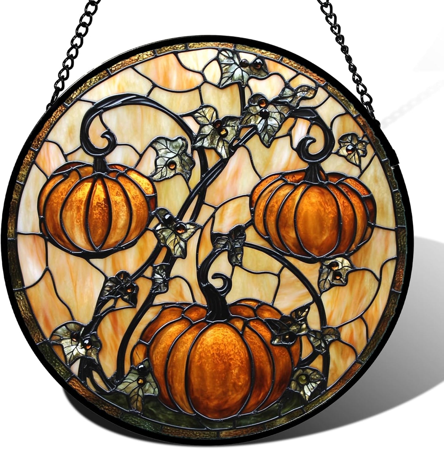 Stained Glass Window Hanging - Halloween Decoration Orange Pumpkin Vine Leaves Suncatcher for Door Garden Spooky Sun Catchers Gothic Decor Horror Gifts for Women Men Friend Boy Girl 6.3 in