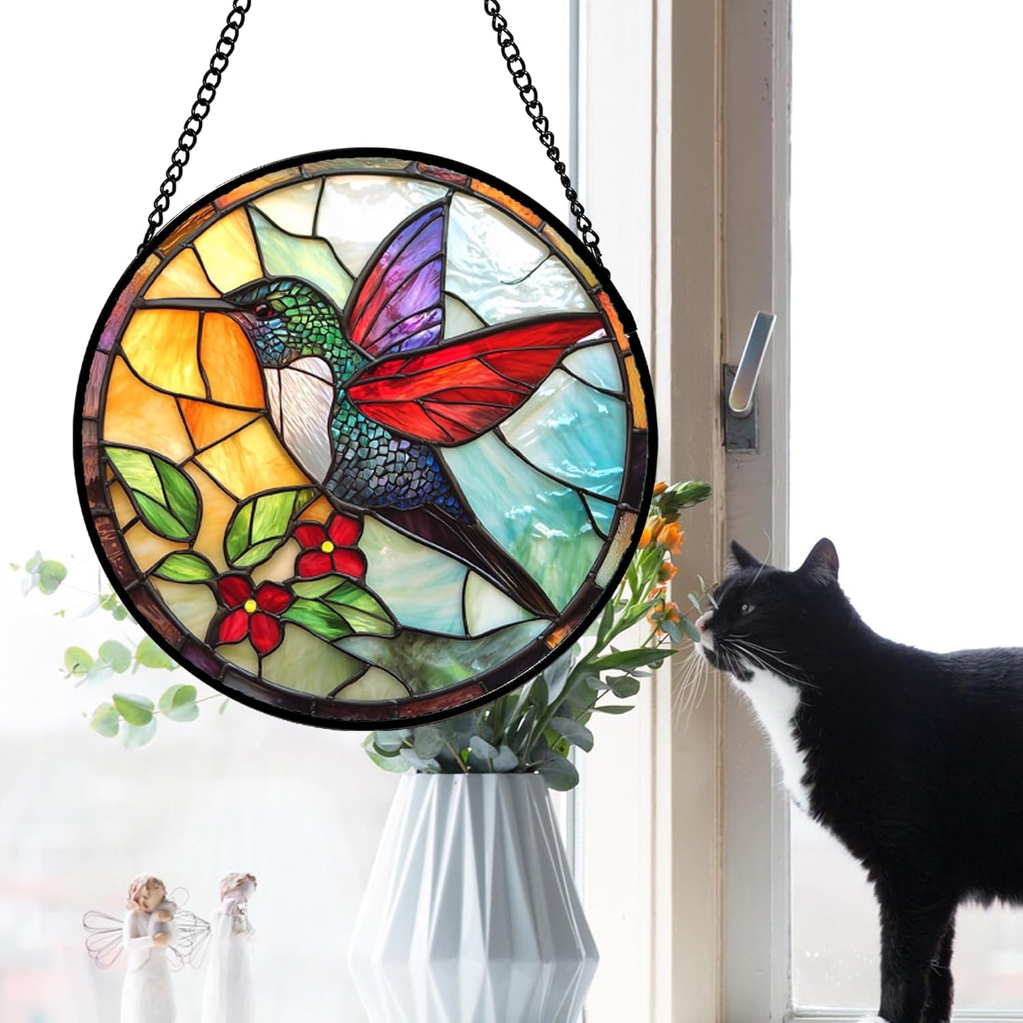 Stained Glass Window Hanging, Hummingbird Gifts Sun Catchers Diamond Glass Panel Hangings Birds Suncatcher Decor for Birthday for Women, Men, Wife, Aunt, and Mom 14.9x14.9 in