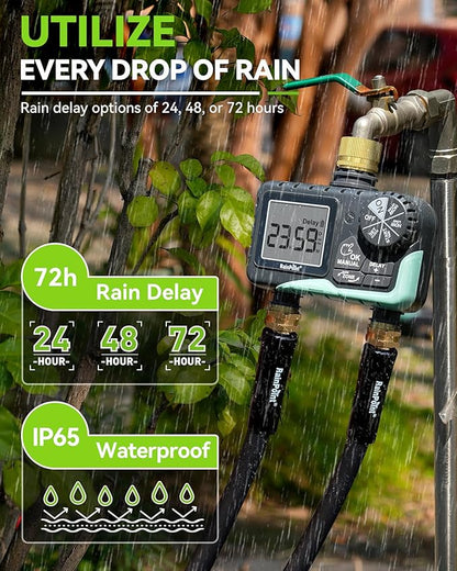 RAINPOINT 2 Zone Sprinkler Timer with Brass Inlet and Outlet - Water Timer for Garden Hose with Rain Delay/Manual Watering/Automatic Irrigation Controller System - Water Hose Timer for Yard Lawn