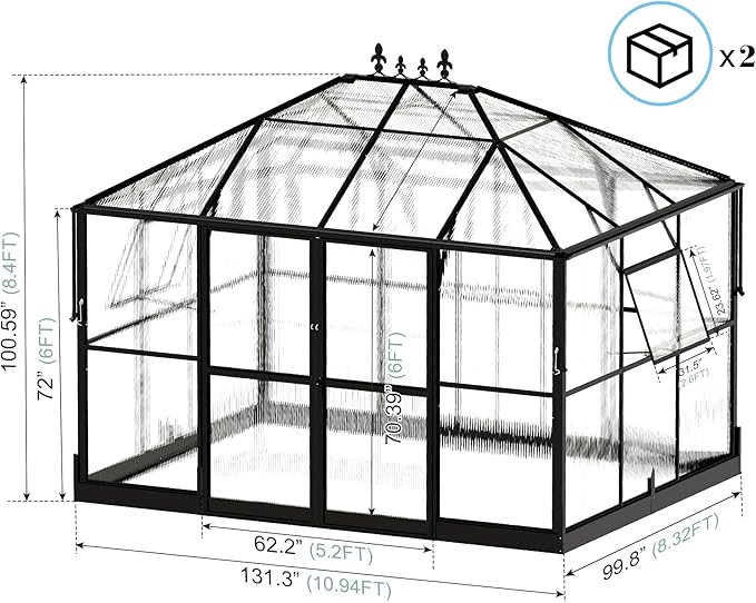 Jocisland 11x8.3x8.6 FT Polycarbonate Greenhouse- 6 FT Wall Height Outdoor Aluminum Greenhouses with 2 Ventilation and Rain Gutter, Double Doors with Hook, Walk-in Greenhouse for Backyard Garden