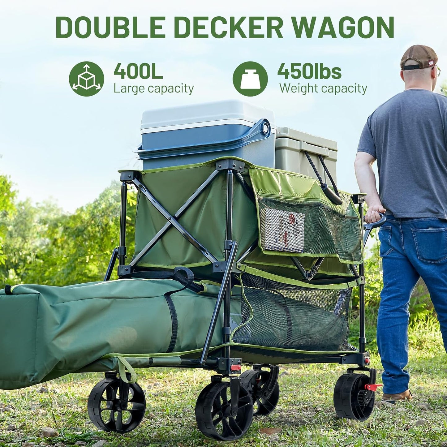 TIMBER RIDGE 400L Large Capacity Folding Double Decker Wagon with Brakes, 54" Extra Long Extender Wagon Cart, 450lbs Heavy Duty Collapsible Cart, All-Terrain Big Wheels for Camping, Sports, Shopping
