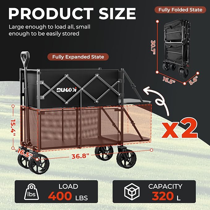 Double Decker Wagon 320L Large Capacity 400LBS Collapsible Sports Utility Cart with Big Wheels,Double Extended Tailgate Heavy Duty Folding Wagon Cart for Groceries,Camping,Beach,Garden,Outdoor