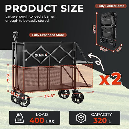 Double Decker Wagon 320L Large Capacity 400LBS Collapsible Sports Utility Cart with Big Wheels,Double Extended Tailgate Heavy Duty Folding Wagon Cart for Groceries,Camping,Beach,Garden,Outdoor