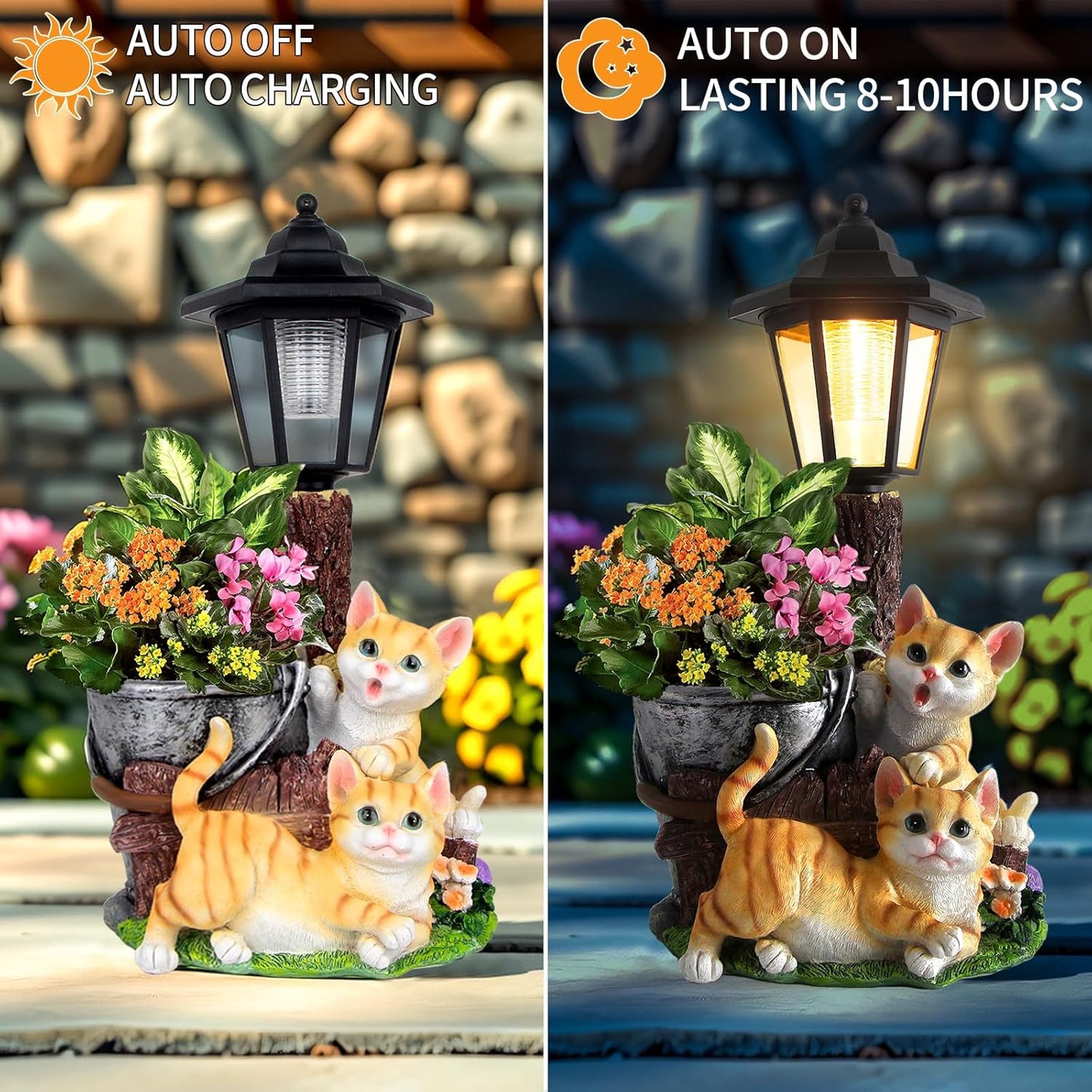 Solar Cat Outdoor Statues, Garden Sculptures with Flowerpot Decor & Solar Lantern for Yard Art Lawn Ornaments Porch Patio Balcony - Idea Gifts for Women Mom Grandma