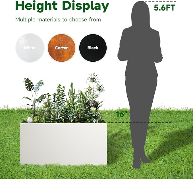Galvanized Steel Garden Planter 36” x 12” x 16” White Metal Planter Box Modern Metallic Heavy Planter Indoor & Outdoor, Commercial & Residential (White, L36 x W12 x D16)