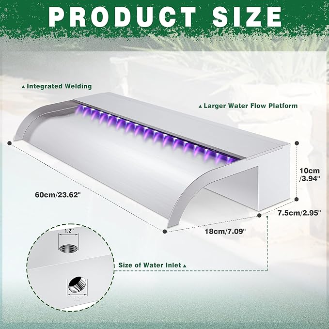 Waterfall Pool Fountain, LONGRUN Stainless Steel Waterfall Spillway for Pools and Ponds - 23.6" Wide Decorative Water Feature for Swimming Pools, Koi Ponds, and Garden