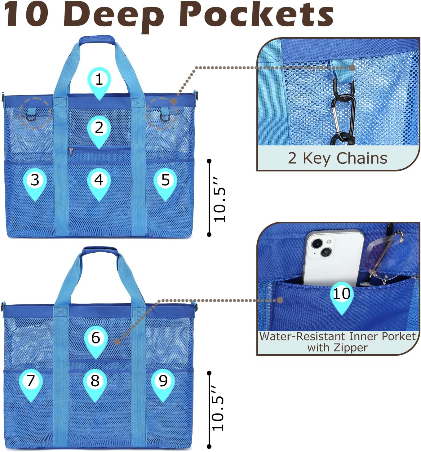 Mesh Beach Bag, Large Beach Tote with Zipper Pocket for Family Pool Bag for Toys & Vacation Essentials