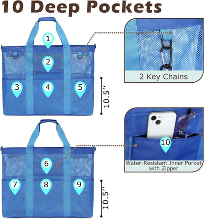 Mesh Beach Bag, Large Beach Tote with Zipper Pocket for Family Pool Bag for Toys & Vacation Essentials