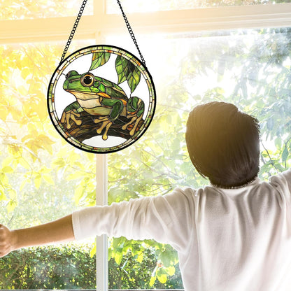 Stained Glass Window Hanging, Frog Green Leaf Sun Catchers Colorful Glass Panel Cool Suncatcher Decor for Birthday for Women, Men, Wife, Aunt, and Mom 7.8 in