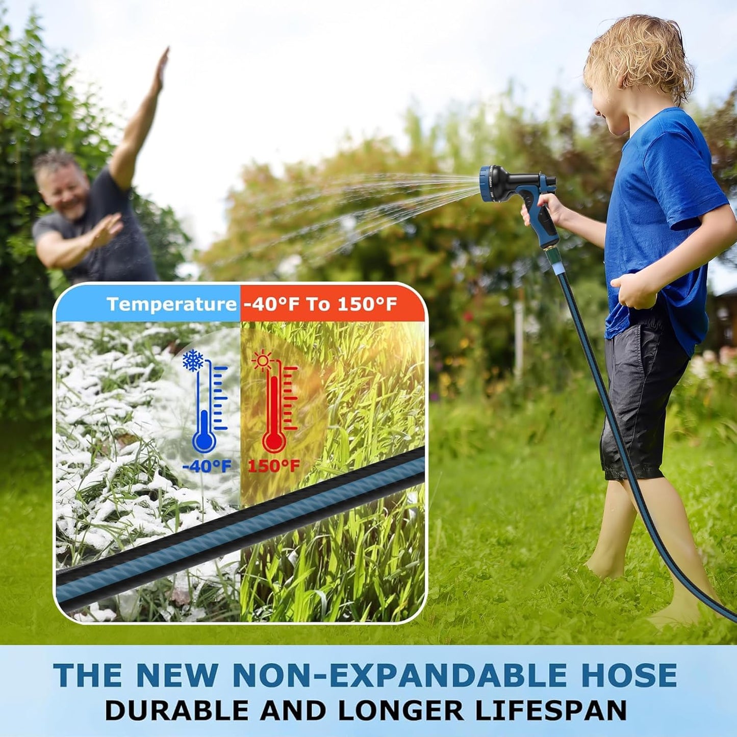 Heavy Duty Non-Expanding Garden Hose 50ft - Durable Reinforced Water Hose with Leak-Proof Construction ， Kink-Resistant, TPV material, 10-Function Spray Nozzle, 3/4" Connector & Portable Strap（50FT)