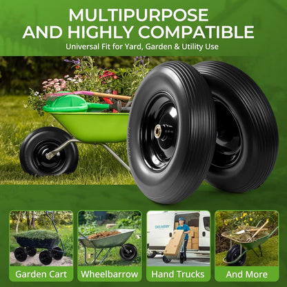 Backyard Expressions 16-Inch Flat-Free PU Tire 2-Pack – Heavy-Duty Solid Poly Wheels with 5/8" & 3/4" Bearings, Spacer Kit & Steel Hubs for Wheelbarrows, Garden Carts, Hand Trucks & Utility Equipment