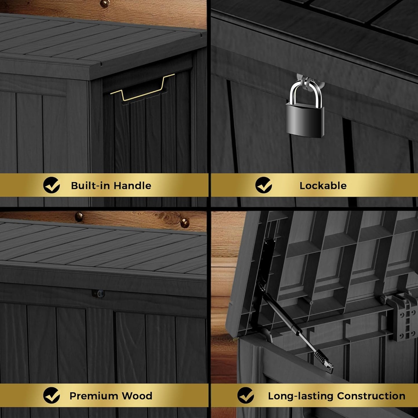 TARKARI 150 Gallon Lockable Resin Deck Box, Waterproof & UV-Resistant Outdoor Storage Box for Outdoor Cushion Storage, Garden Tools & Pool Accessories Storage, Black