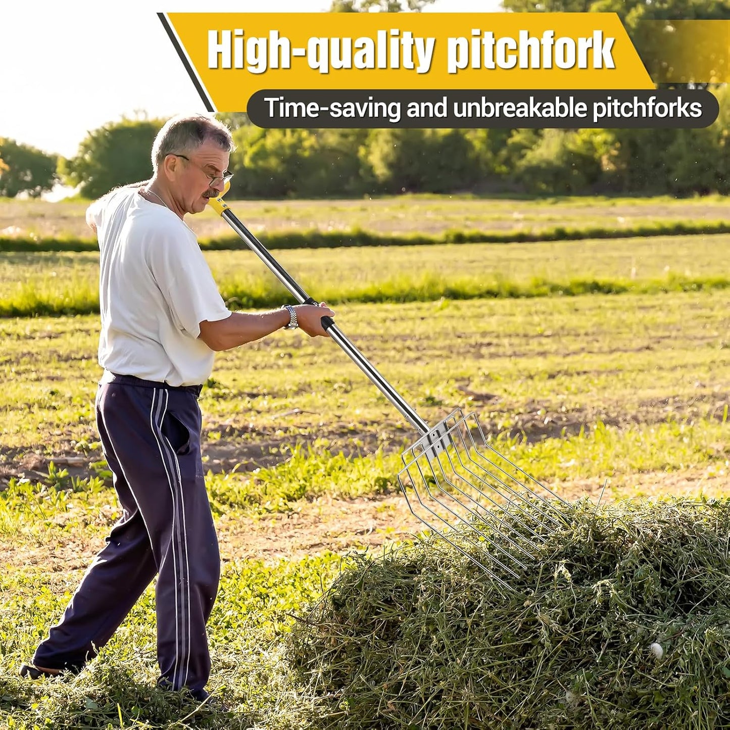 Pitchfork for Gardening, 50" Multifunctional Stainless Steel Garden Pitchfork with Handle, Suitable for Shoveling, Fertilizing, Transplanting, Mulching Garden Fork - 10 Tines