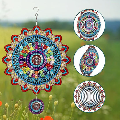 TUOKING Mandala Wind Spinners Outdoor Metal 3D Hanging Art Wind Spinner 12 Inch Stainless Steel for Yard and Garden Decoration Worth Gift for Women