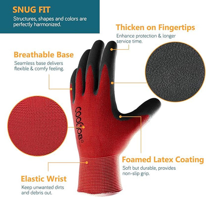 COOLJOB Gardening Gloves for Men, 6 Pairs Breathable Rubber Coated Garden Gloves for Weeding Landscaping, Outside Work Gloves for Lawn Yard, Men’s Medium Size, Black & Red (Half Dozen M)