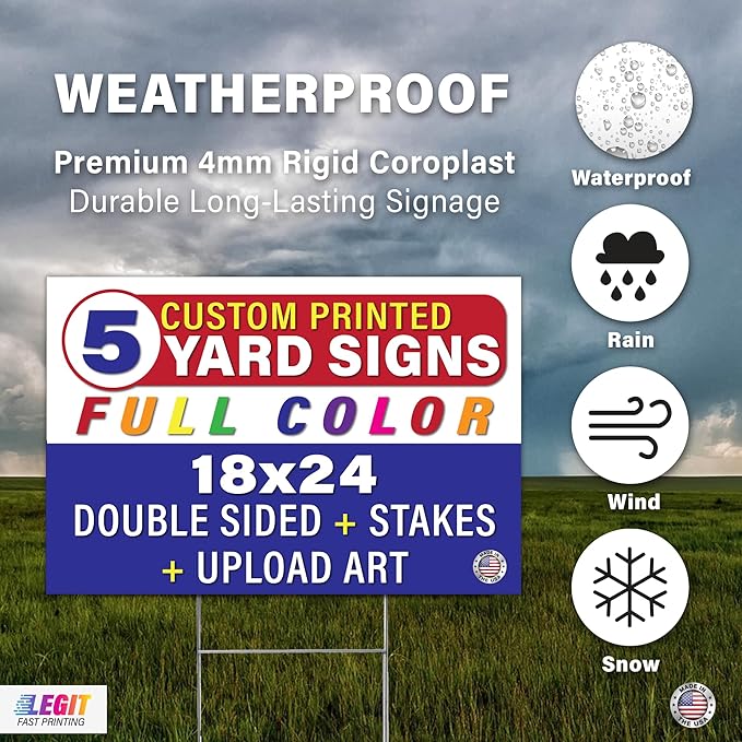 Personalized 18x24" Yard Signs, Double Sided Printing, Metal Stake Included, by Legit Fast Printing (5pk)
