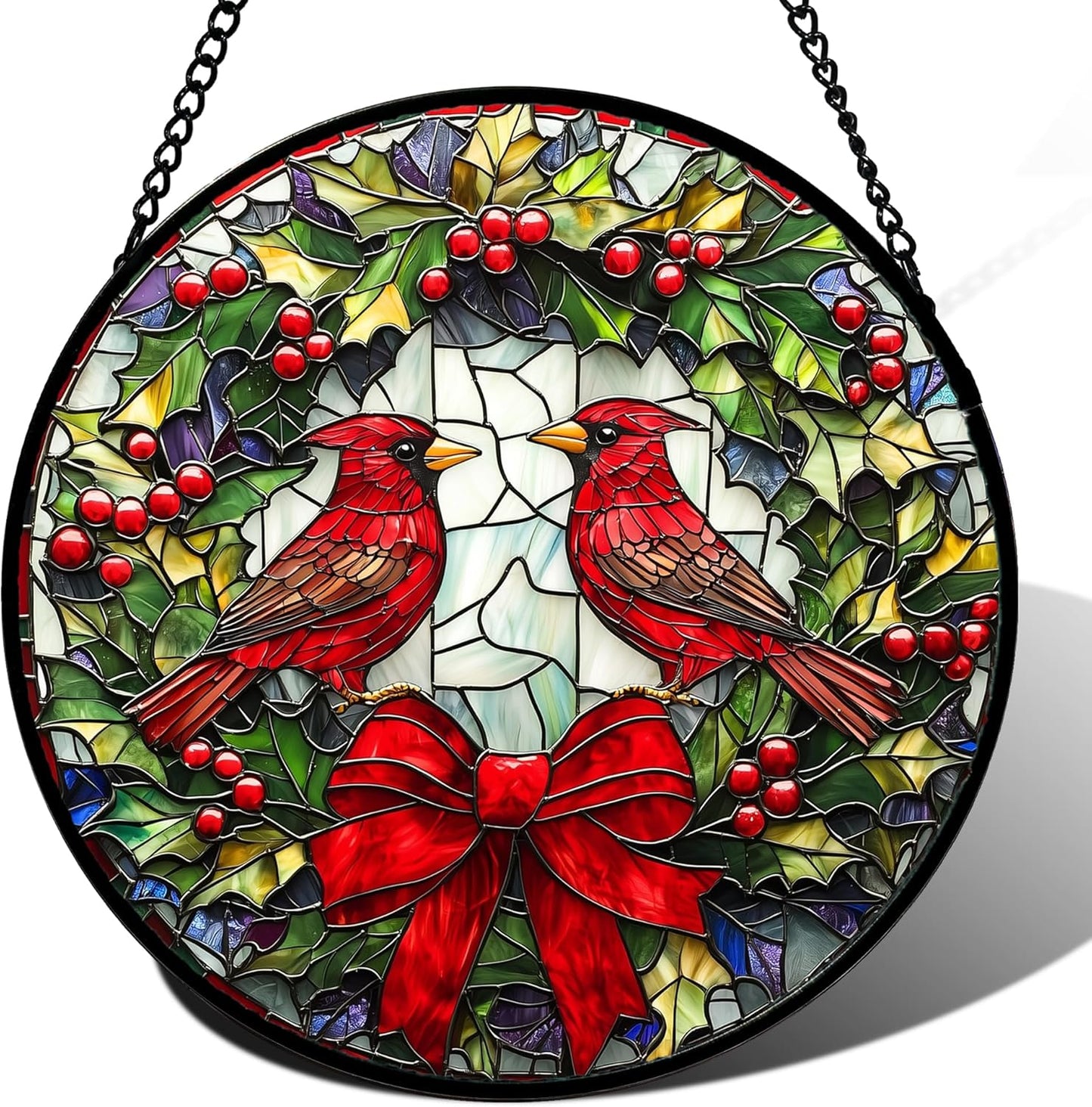 Stained Glass Window Hanging - Cardinals Green Wreath Suncatcher for Doors Home Christmas Decoration Red Bird Sun Catcher Thanksgiving New Year Birthday Gift for Women Men Mom Nana 14.9 in