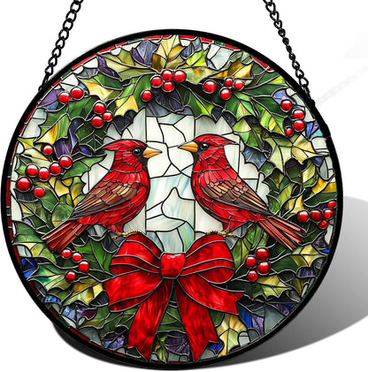 Stained Glass Window Hanging - Cardinals Green Wreath Suncatcher for Doors Home Christmas Decoration Red Bird Sun Catcher Thanksgiving New Year Birthday Gift for Women Men Mom Nana 14.9 in