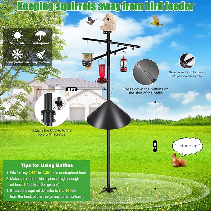 Gtongoko Squirrel Proof Smart Bird Feeder Pole for Outdoors 107 Inch 1 Inch Diameter Bluebird House Pole with 2 Platform and 8 Hooks for Bird Feeder with Camera Adjustable Heavy Duty Mounting Pole