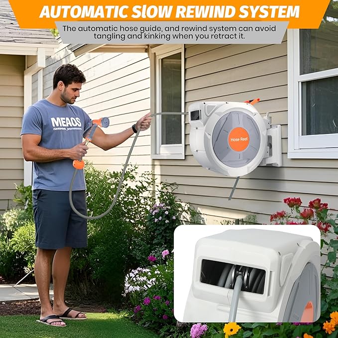 GarveeLife Retractable Garden Hose Reel 1/2 in x 130 Ft, Wall Mounted Garden Hose Reel, with 9 Function Sprayer Nozzle, Any Length Lock, Lock/Automatic Slow Return System, 180° Swivel Bracket(Grey)
