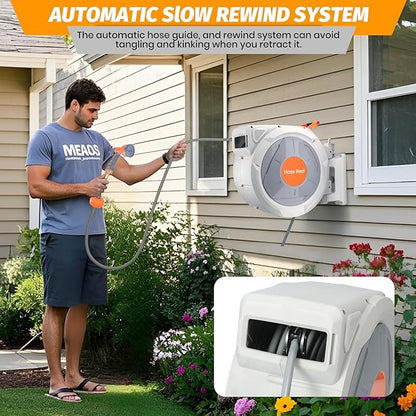 GarveeLife Retractable Garden Hose Reel 1/2 in x 130 Ft, Wall Mounted Garden Hose Reel, with 9 Function Sprayer Nozzle, Any Length Lock, Lock/Automatic Slow Return System, 180° Swivel Bracket(Grey)