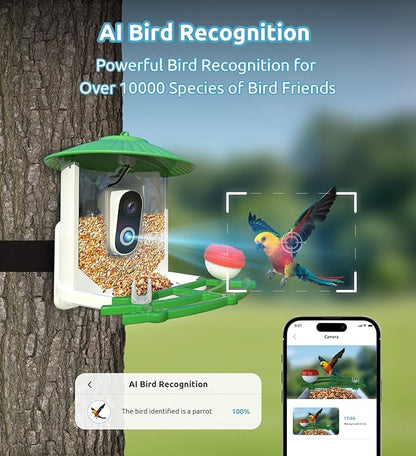 Smart Bird Feeder with Camera, 2K Live View AI Identify Birds Species with Solar Panel, Outdoors Birdhouse with Camera, Instant Arrival Alerts, Christmas Gifts for Bird Lovers