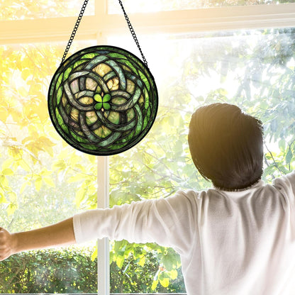 Stained Glass Window Hanging, Abstract Green Clover Sun Catchers Colorful Glass Panel Bless Suncatcher Decor for Birthday for Women, Men, Wife, Aunt, and Mom 7.8 in