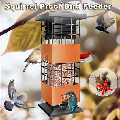 Squirrel Proof Bird Feeders for Outdoors Hanging, Large Capacity 3.5Lbs Bird Feeders with 4 Feeding Ports, Metal Gravity Protection Birds Feeder for Outside, Cardinal, Sparrow, Finch, Brown
