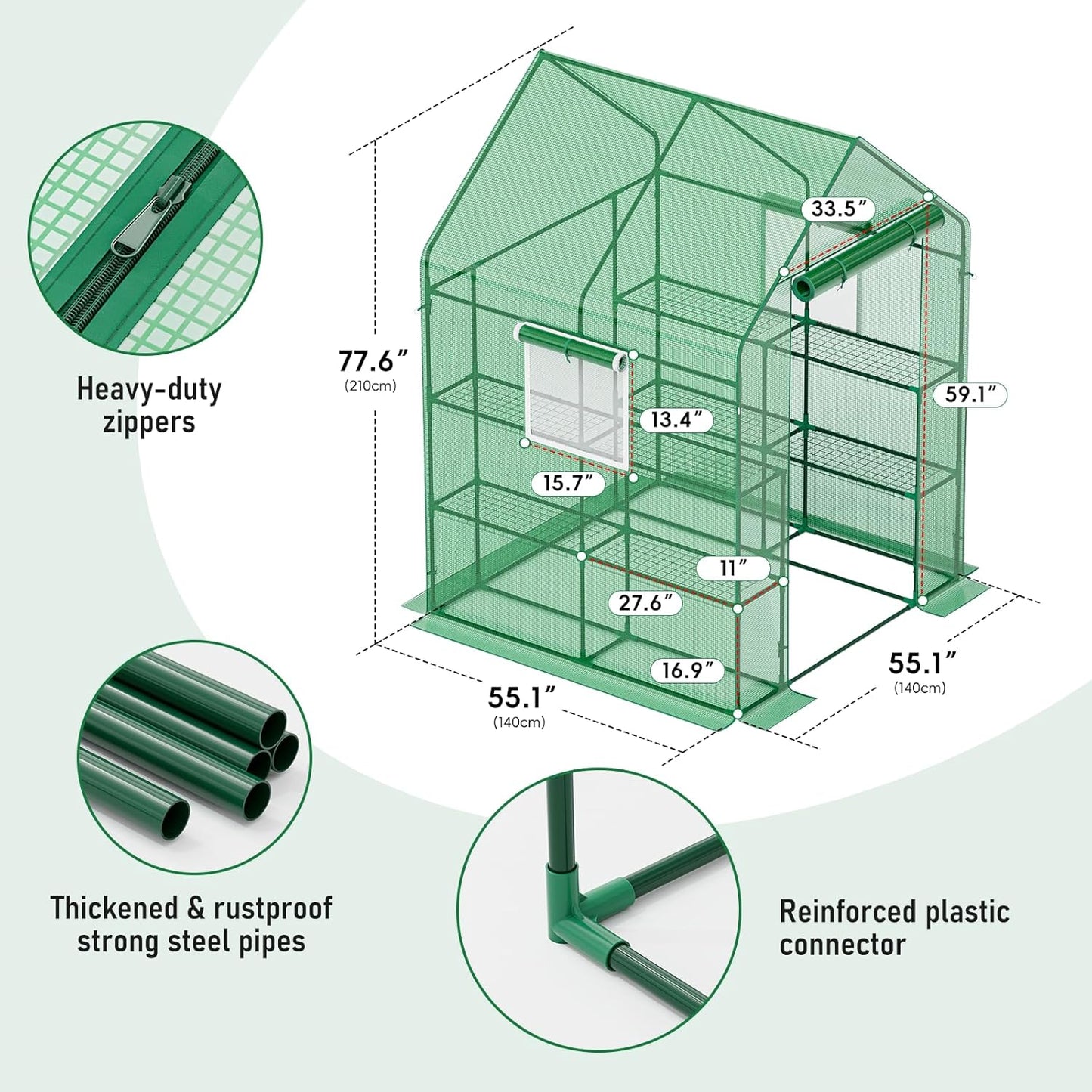 56×56×78Inch Walk-in Greenhouse for Outdoors with Screen Windows, Heavy Duty Small Plant House with Thicken PE Cover and Steel Shelves, Portable Green House for Outside Garden Winter, Green