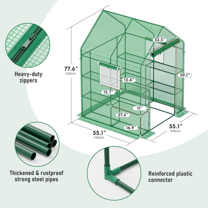 56×56×78Inch Walk-in Greenhouse for Outdoors with Screen Windows, Heavy Duty Small Plant House with Thicken PE Cover and Steel Shelves, Portable Green House for Outside Garden Winter, Green