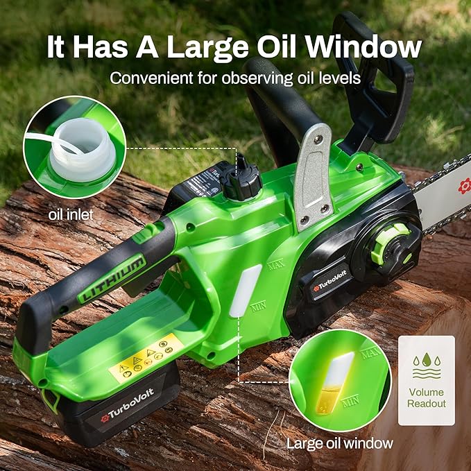 Cordless chainsaw 12 inch, 20V Electric chain saw with 3000RPM Brushless Motor | 4Ah Battery & Charger | Tool-free Tension | Auto Oiler, for Cutting Firewood, Tree Pruning, Trimming, Storm Cleanup