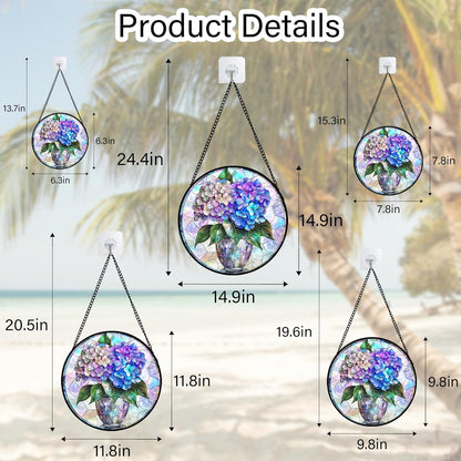 Stained Glass Window Hanging, Blue Purple Hydrangea Flowerpot Suncatcher for Doors Home Sun Catchers Decoration and Christmas, Mother's Day Birthday Gifts for Women, Men, and Mom 7.8 in