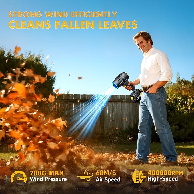 Electric Leaf Blower Cordless with 21V 2 * 3000mAh Batteries and Charger, 400,000RPM Handheld Battery Powered Leaf Blower, One-Touch Speed Adjustment, Lightweight Turbo Blower for Yard, Patio,Garage