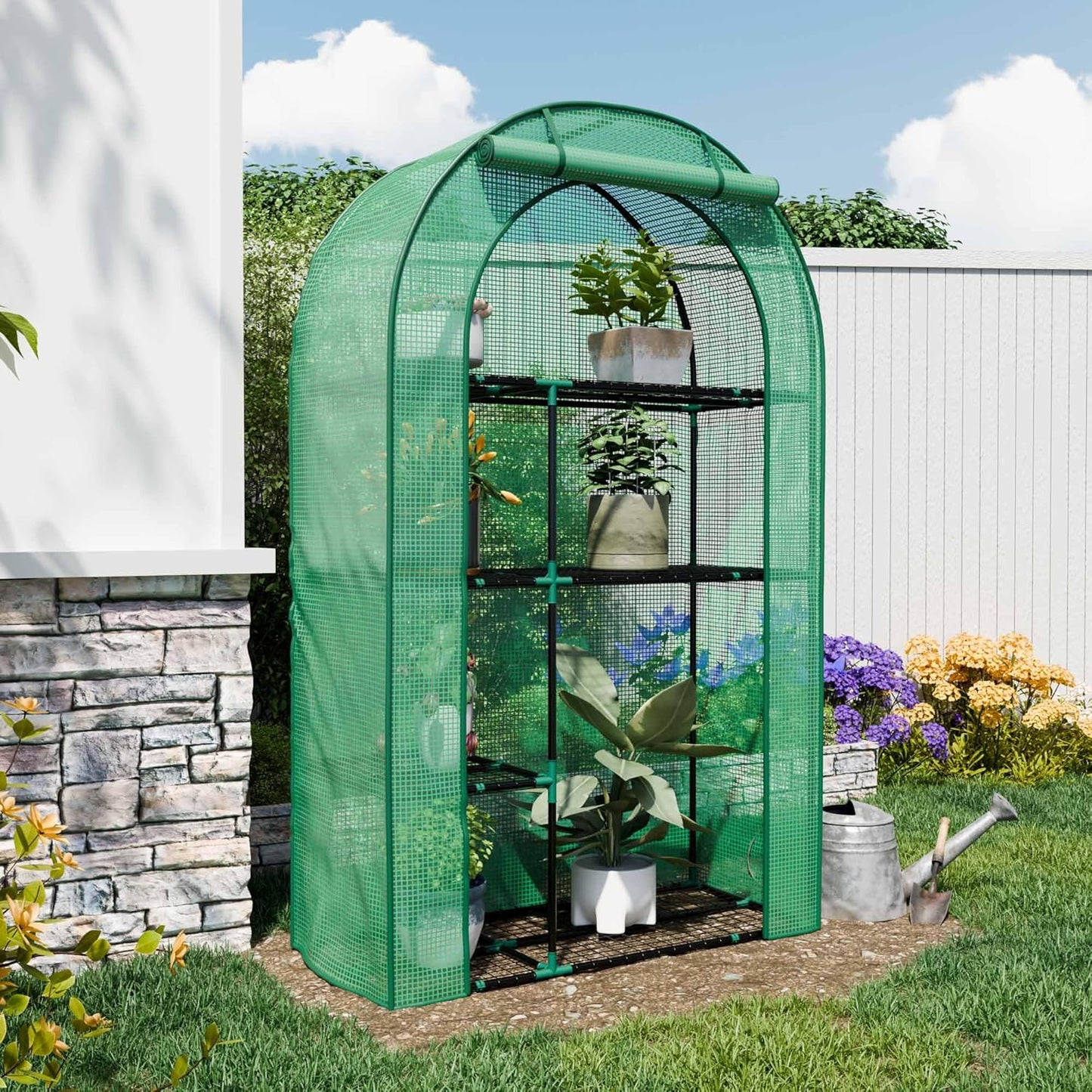 4-Tier Mini Greenhouse, 40 x 18 x 63 inch Steel Frame and PE Cover Plastic Plant Rack Stand Green House with Plant Repotting Mat for Indoor & Outdoor Use (Clear and Green)