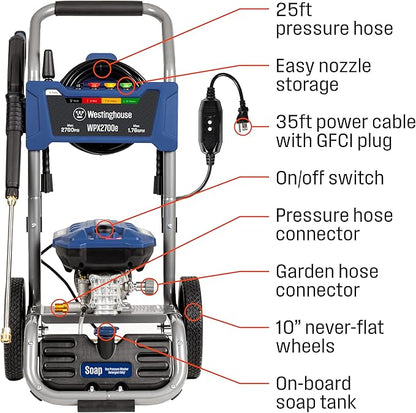 Westinghouse WPX2700e Electric Pressure Washer, 2700 PSI and 1.76 Max GPM, Induction Motor, Onboard Soap Tank, Spray Gun and Wand, 5 Nozzle Set, for Cars/Fences/Driveways/Homes/Patios/Furniture