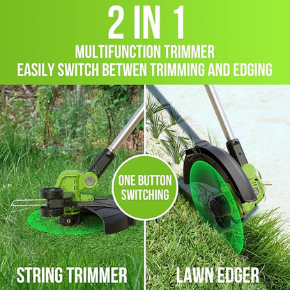 VARSK 20V String Trimmer Cordless, 12 Inch 2 in 1 Trimmer and Edger, Automatic Line Feed, Includes 2 X 2.0Ah Batteries/1 X Fast Charger/6 X Spare Spools, for Lawn, Garden, etc, Light Green