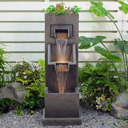 35" H 3-Tier Indoor/Outdoor Modern Water Fountain with LED Lights and Pump, Outdoor Freestanding Cascading Waterfall - Suitable for Garden, Patio, Porch, Yard and Outdoor Decor (Brown)