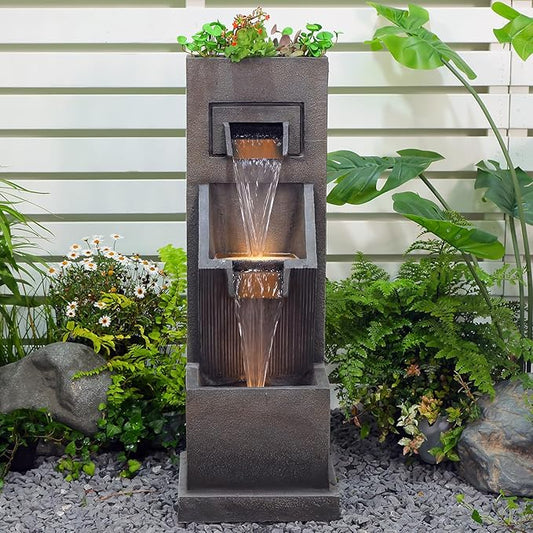 35" H 3-Tier Indoor/Outdoor Modern Water Fountain with LED Lights and Pump, Outdoor Freestanding Cascading Waterfall - Suitable for Garden, Patio, Porch, Yard and Outdoor Decor (Brown)