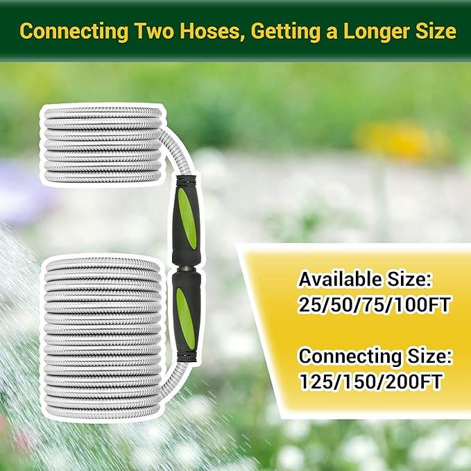Garden Hose - Water Hose 100 FT with Swivel Handle, Flexible, Heavy Duty, No Kink, Lightweight Metal Hose for Outdoor, Yard, 304 Stainless Steel
