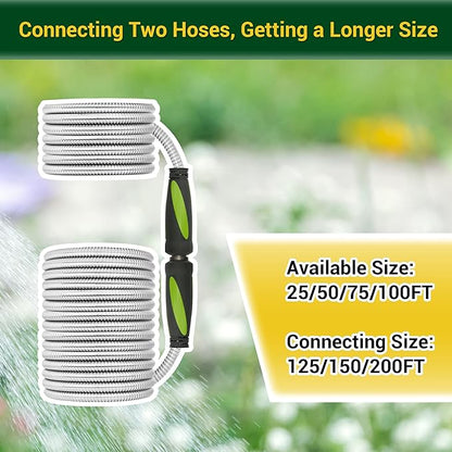 Garden Hose - Water Hose 100 FT with Swivel Handle, Flexible, Heavy Duty, No Kink, Lightweight Metal Hose for Outdoor, Yard, 304 Stainless Steel