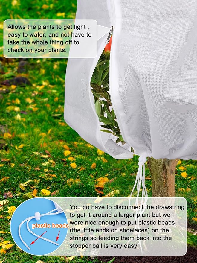 Abimars Thicker Plant Covers Freeze Protection Jacket 2.36 oz/yd², 6.6'x6.6' Reusable Winter Plant Covers with Drawstring & Zipper, 2 Pack Light, Porous Fabric for Plant Breathing
