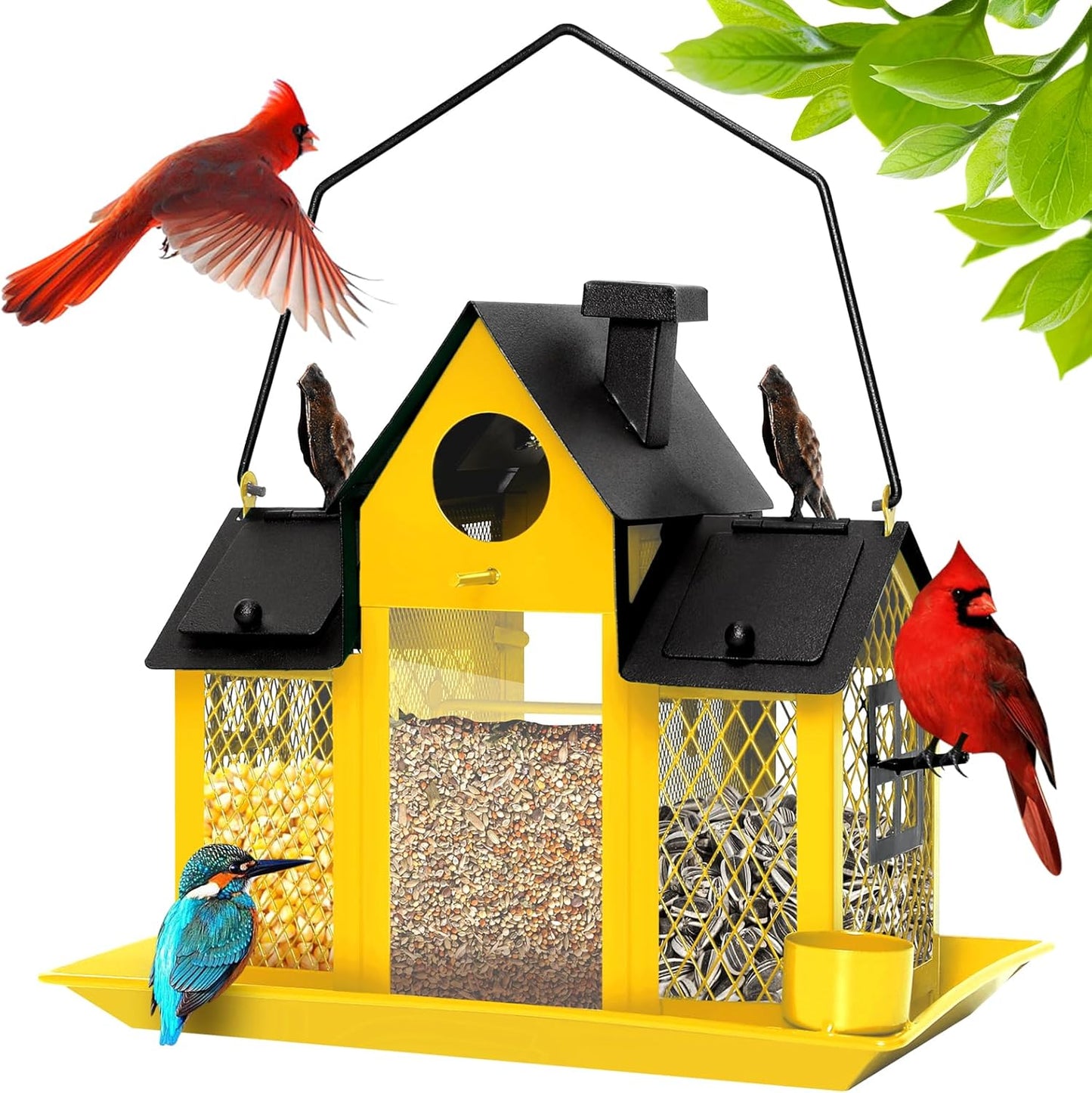 Solar Bird Feeders House for Outdoors Hanging, 7LBS Large Capacity Metal Wild Bird Feeder Squirrel Proof for Outside with Water Cup, Cardinal Birdfeeder Birdhouses Gift for Bird Lovers (Yellow)